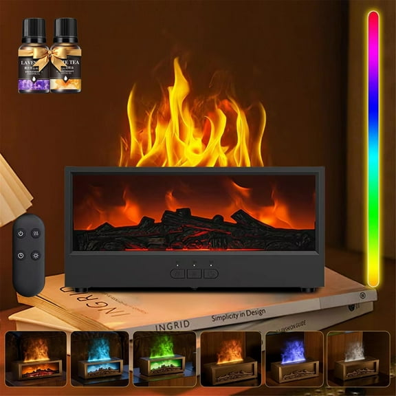 Mini Fireplace Diffusers Fireplace Humidifier with Remote 150ml Fireside Ultrasonic Humidifier Bonfire Flame Diffuser with 7 Colors Light for Home Room Office,Black,1,1