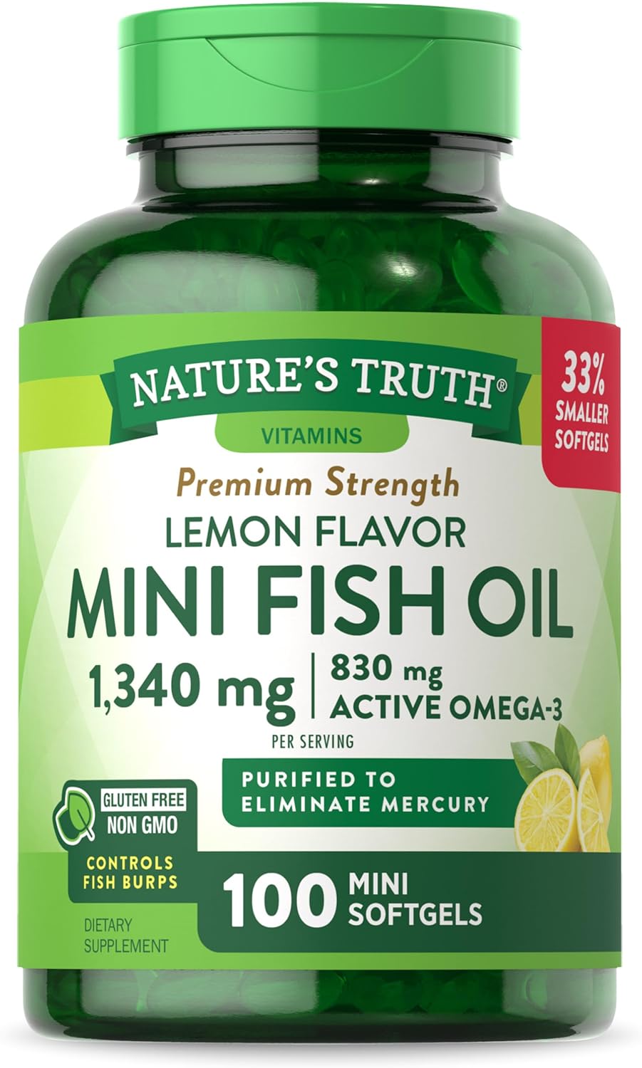 Mini Fish Oil Omega 3 1340 mg 100 Softgels Burpless Lemon Flavor