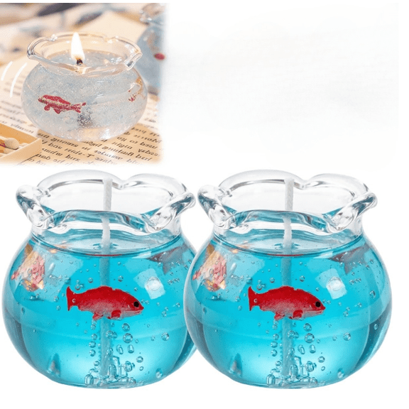 Mini Fish Tank Candle Decor, Cute Aromatherapy Candle for Home, Cozy Room Decor, Handcrafted Gel Wax Candle with Floating Fish, Unique Gift for Any Occasion 2PCS Blue