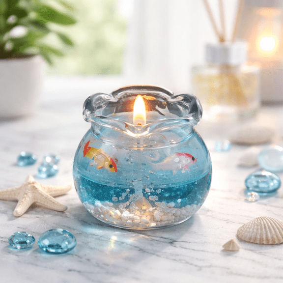 Mini Fish Tank Candle Decor, Cute Aromatherapy Candle for Home, Cozy Room Decor, Handcrafted Gel Wax Candle with Floating Fish, Unique Gift for Any Occasion Blue