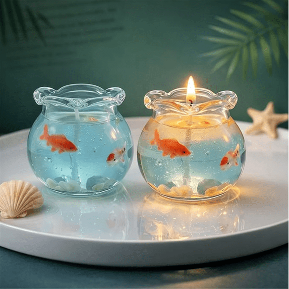 Mini Fish Tank Candle, Floating Scented Candle for Home Decor, Cozy Room Bathroom Relaxation Gift, Cute Candle with Fish Ornaments 2PCS Blue