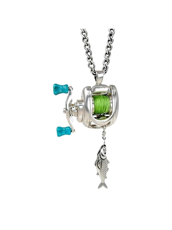 Mini Fishing Reel Necklace - 3-in-1 Baitcaster Pendant with Rotating Handle, Moving Line Guide and Keychain Clip, Metal Alloy Jewelry for Fishermen Anglers Men Father Boyfriend Gifts