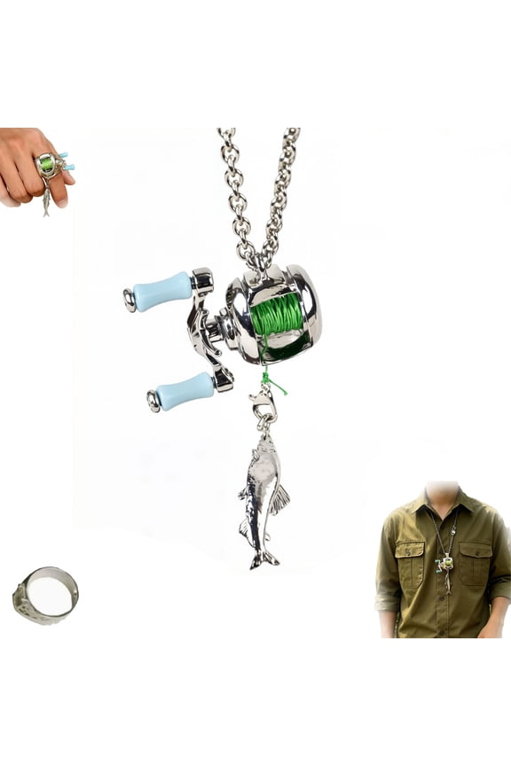 Mini Fishing Reel Necklace for Men, Functional Baitcaster Pendant with Rotating Handle & Moving Line Guide, Metal Alloy Angler Jewelry Gift for Dad, Husband, Boyfriend, Fisherman