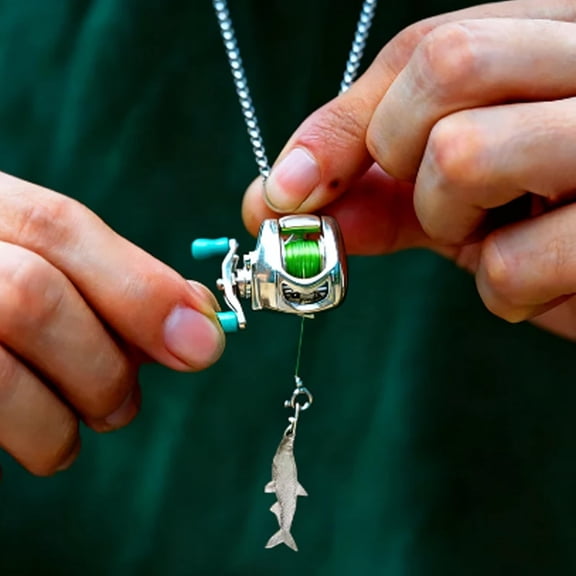 Swiusd Mini Fishing Reel Pendant Fishing-themed Necklace, Metal, 11.81 Inches, 1 Count per Pack