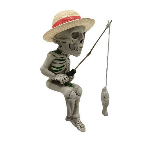 Mini Fishing Skeleton Figurines - 4.5 Inch Resin Skull Fisher Statues for Garden, Fountain & Halloween Decor - Cute Gothic Outdoor & Indoor Decoration