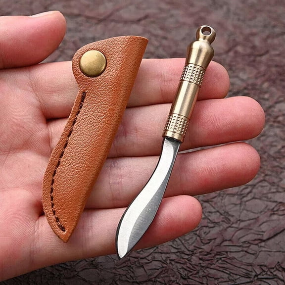 Mini Fixed Blade keychain Brass Leather Sheath Outdoor Camping EDC Tool U