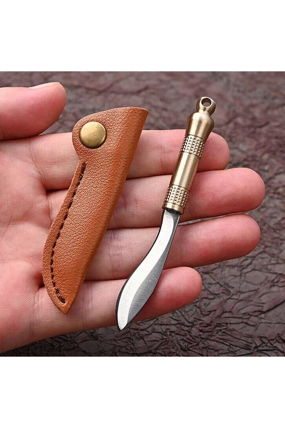 Mini Fixed Blade keychain Brass Leather Sheath Outdoor Camping EDC Tool U