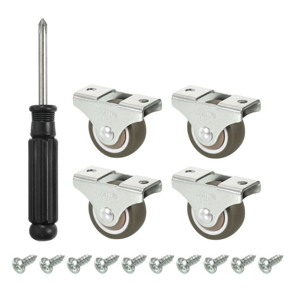 Mini Fixed Caster Wheel 1.25", 4 Pack TPE Rigid Roller with Bearing Metal Top Plate Screws, Brown