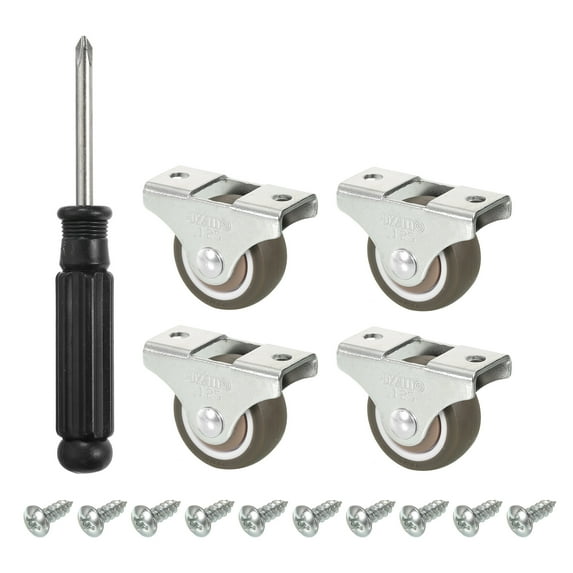 Mini Fixed Caster Wheel 1.25", 4 Pack TPE Rigid Roller with Bearing Metal Top Plate Screws, Brown