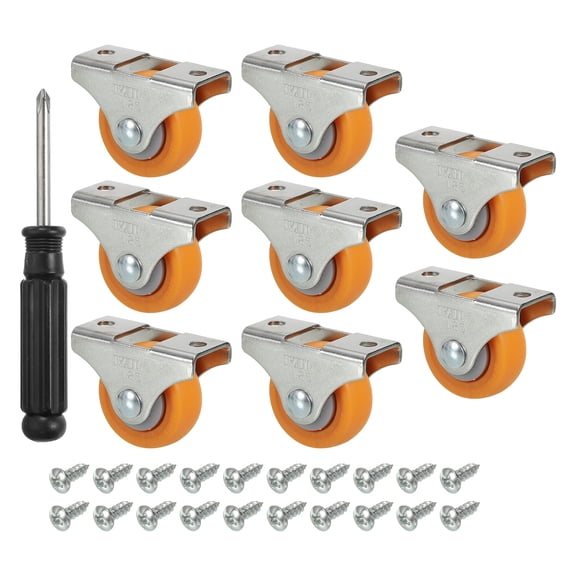 Mini Fixed Caster Wheel 1.25", 8 Pack MPA Rigid Roller with Bearing Metal Top Plate Screws, Orange