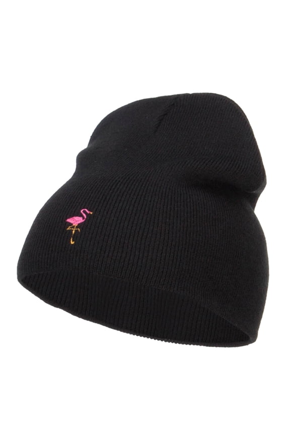 Mini Flamingo Embroidered Short Beanie - Black OSFM