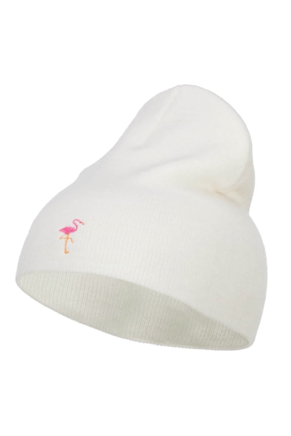 Mini Flamingo Embroidered Short Beanie - White OSFM