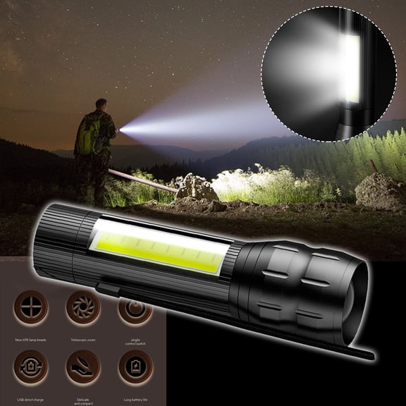 Mini Flashlight USB Rechargeable, LED Outdoor Portable Lighting with Emergency Power Supply, Aluminum Alloy Telescoping Flashlight for Camping Hiking Fishing