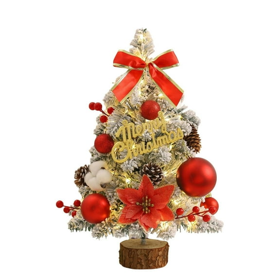 Mini Flocked Christmas Tree with Lights,Artificial Tabletop Small Xmas Trees,Mini Christmas Tree with Ornaments Set, Artificial Tabletop Snow Tree for DIY Xmas Holiday Home Decoration (Red)