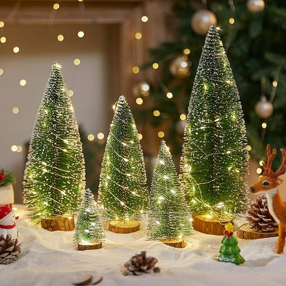 Mini Flocked Pine Christmas Tree Set, Tabletop Holiday Decor with Lights, Small Xmas Tree Decoration for Home, Office, Parties, and Holiday Events, Set of 3