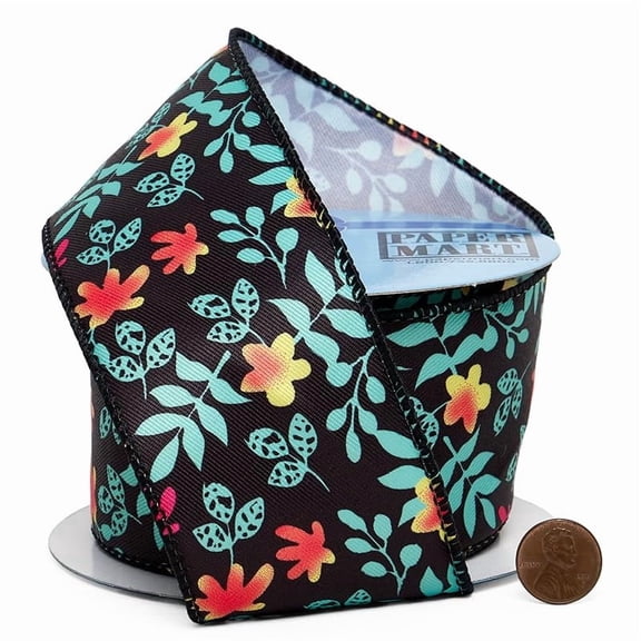 Mini Floral on Black Wired Ribbon – 2.5" x 10 Yards