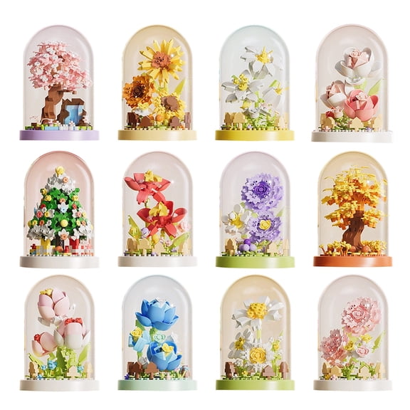 Mini Flower Bouquet Building Set in Glass Dome, Botanical Collection Floral Tree Display Model, Desktop Office Home Decor Gift
