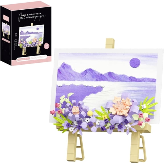 Mini Flower Building Bouquet Set,Block Easel for Desk Decorations and Message Stickers.Flower Building Toys Building Blocks Flower (Purple 357Pcs)
