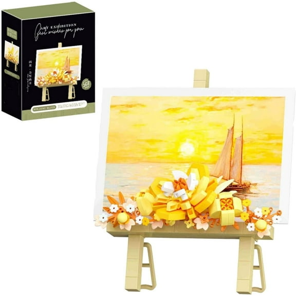 Mini Flower Building Bouquet Set，Block Easel for Desk Decorations and Message Stickers.Flower Building Toys Building Blocks Flower (Yellow 368Pcs)