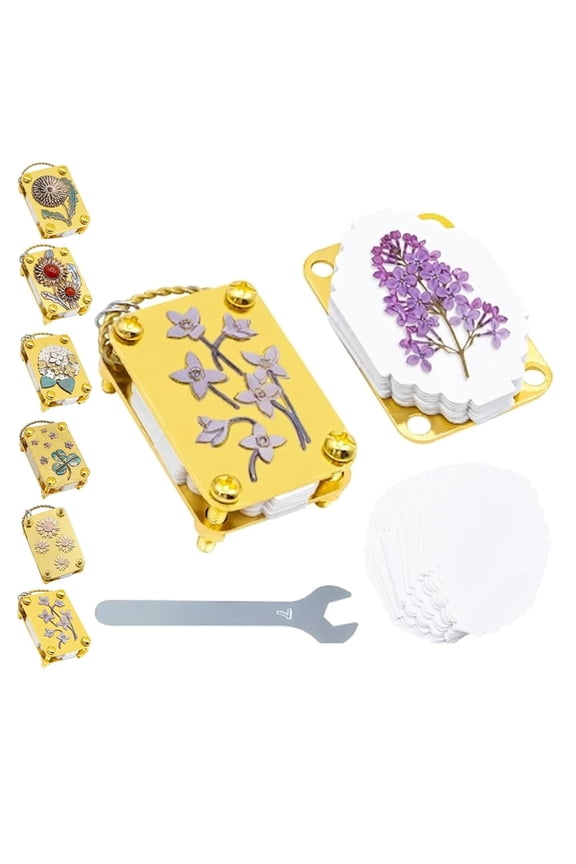 Mini Flower Press Keychain, Full Micro Flower Press Kit with 20PCS Paper, Handcrafted Gold Metal Miniature Flower Preserving Tool for Hikes & On-The-Go DIY(A, 1pc)