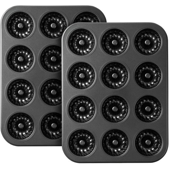 Set of 2 Mini Fluted Tube Cake Pans, 12 Cavity Carbon Steel Non-Stick Bundt Baking Mold for Cupcakes, Donuts and Brownies