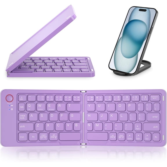 Mini Foldable Bluetooth Keyboard - Portable Wireless Full Size Keyboard (Sync Up to 3 Devices), Ultra-Slim Aluminum Travel Folding Keyboards for iPhone iPad Mac Android Windows iOS (Purple)
