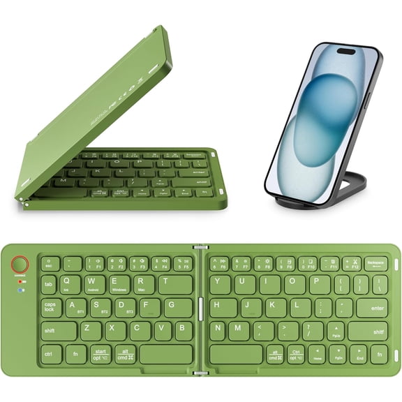 Mini Foldable Bluetooth Keyboard - Portable Wireless Full Size Keyboard (Sync Up to 3 Devices), Ultra-Slim Aluminum Travel Folding Keyboards for iPhone iPad Mac Android Windows iOS (Green)