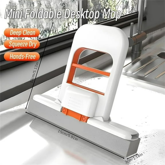 Mini Foldable Desktop Mop, Mini Mop Cleaning Supplies, 2025 Self-Squeeze Sponge Cleaning Tool, Wet and Dry Use Cleaning System, Small Cotton Mop, Orange