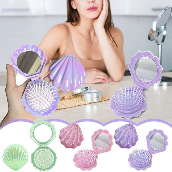 Mini Foldable Hair Brush With Mirror,Portable Shell Comb For Women,Shell-Shaped Styling Tool,TPR Elastic Bristles For Scalp Massage,Compact Pocket-Size Design For Outdoor