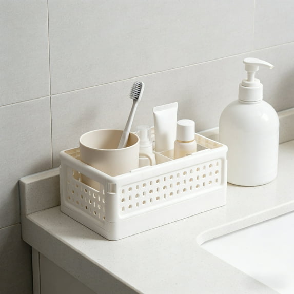 Mini Foldable Plastic Baskets - with Handle for Organizing Small Storage Container Box Caddy, Desk Drawer Organizer - Great for Home, Office and Classroom - White