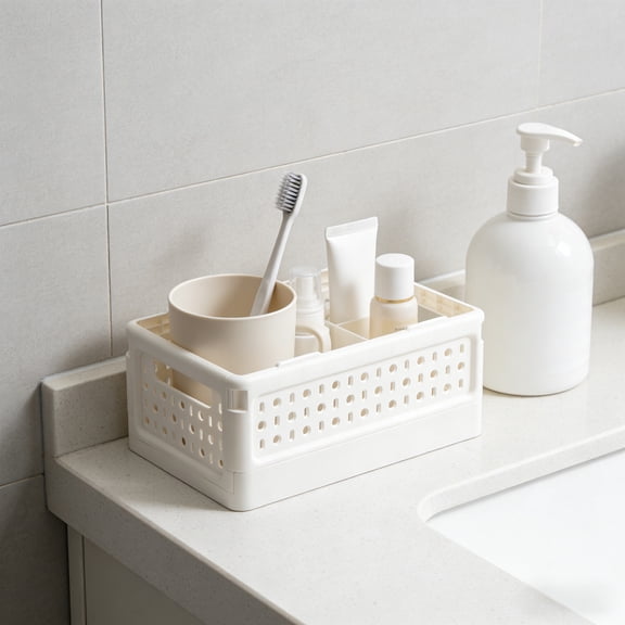 Mini Foldable Plastic Baskets - with Handle for Organizing Small Storage Container Box Caddy, Desk Drawer Organizer - Great for Home, Office and Classroom - White