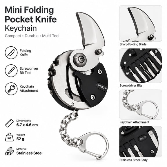 Mini Folding Pocket Knife Keychain, Stainless Steel Multi-Tool with Screwdriver Bit, Compact Outdoor Folding Tool, 6.7 x 4.6 cm, 52 g