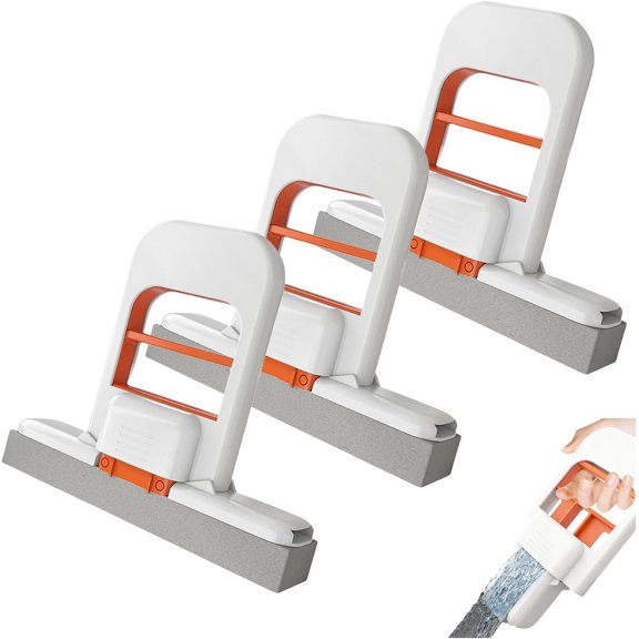 Mini Folding Table Mop, a portable, self-squeezing mop (with two replacement sponges), a wet/dry cleaning system suitable for small spaces, bathrooms, kitchens, and tabletops. Features a one-hand squ