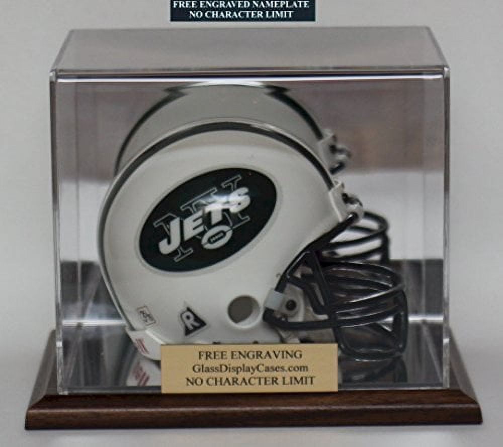 Mini Football Helmet Engraved Personalized Acrylic Display Case with Walnut or Black Finish Wood Base