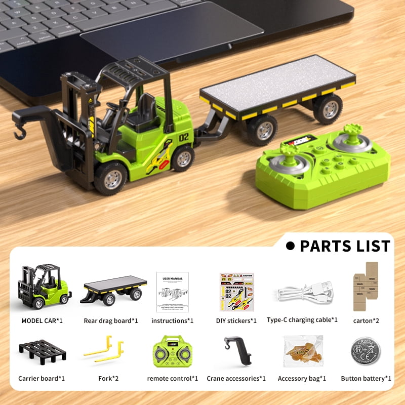 Mini Forklift Remote Control 1:64 RC Truck Toys 2 in 1 RC Cars Lift Fork & Hook with Lights & Sounds for Kids Christmas Birthday Gifts