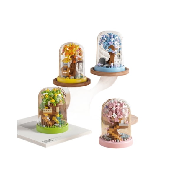 Mini Four Seasons Tree House Building Blocks Set with Clear Dust Cover, Micro Fairy Tale Tree Hut Brick Model, Tiny Seasonal Scene DIY Assembly Desk Decor Toy for Teens & Adults Age 12+