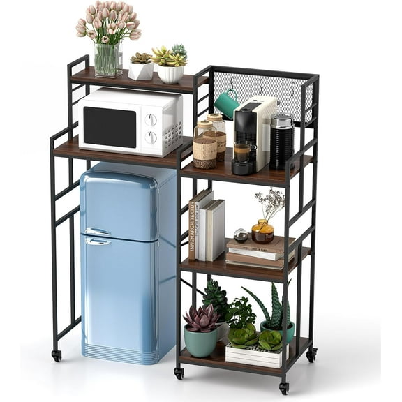 Mini Frid Shelf with Wheels 5 Tier Kitchen Bakers Rack Adjustable Microwave Oven Stand Table with Stora Mini Frid Stand Multifunctional Utility Stora Shelf for Kitchen Home Office