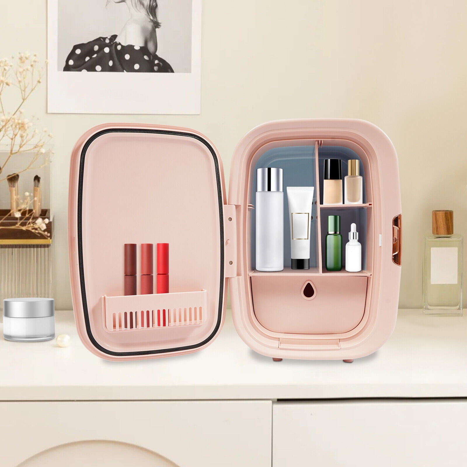 Mini Fridge, 12.68Qt Skincare Fridge, Portable Cooler and Warmer, Compact Refrigerator for Comestic Storage, Makeup, Lipstick, SkinCare, Bedroom, Office, Dorm (Pink)