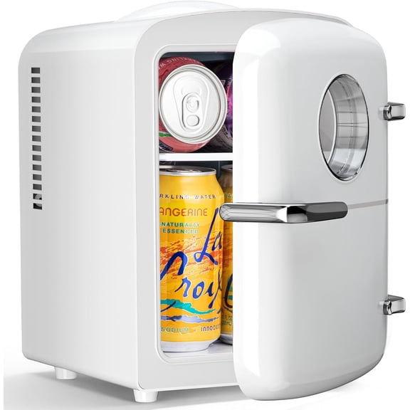 Mini Fridge,4L/6 Cans AC120V & DC 12V Portable Mini Refrigerator without Freezer for Skincare & Makeup,Bedroom,Car,Office and Dorm,Small Beverage Drink Cooler and Warmer for Cosmetics and Food,White