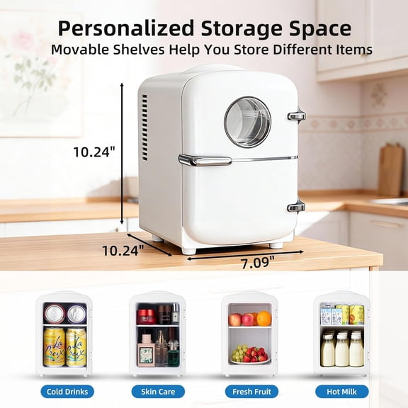 Mini Fridge, 4L Capacity/6 Cans Portable Cooler and Warmer Compact Refrigerator, for Bedroom,Car,Office and Dorm, Small Cooler and Warmer for Cosmetics, Beverage and Food, White