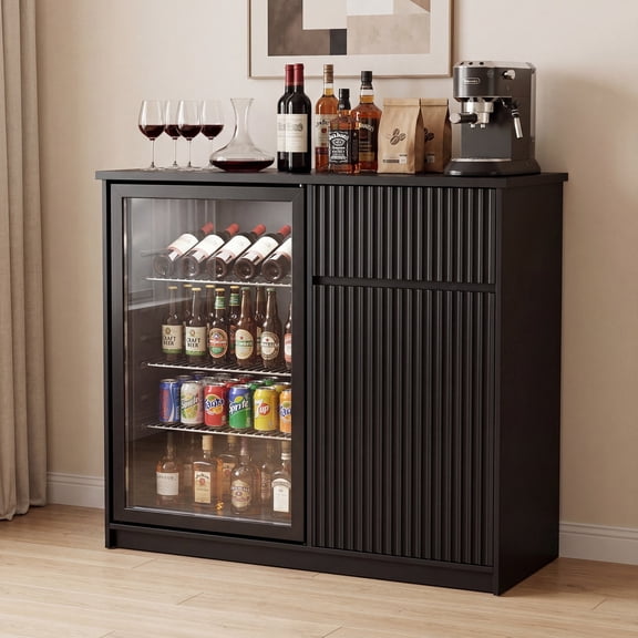 Mini Fridge Cabinet with Power Outlet,38.2"W Coffee Bar Cabinet with Fridge Space, Modern Wine Bar Cabinet with Storage & Wine Rack, Buffet Sideboard for Home Kitchen Dining Room,Black