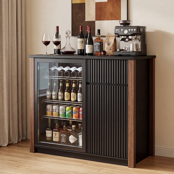 Mini Fridge Cabinet with Power Outlet,39.4"W Coffee Bar Cabinet with Fridge Space,Buffet Sideboard with Wine Rack and Storage Shelves,Liquor Cabinet for Kitchen,Dining Room,Black