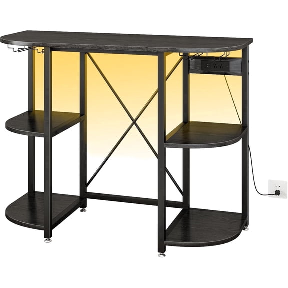 Corner Cabinet with Power Outlet, LED Light, Mini Fridge Space, Wine Rack, Microwave Stand, Black