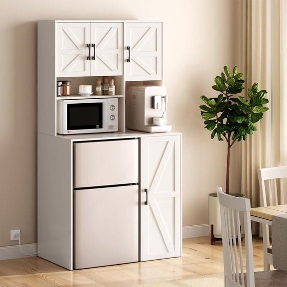 Mini Fridge Cabinet with Storage, Coffee Bar Cabinet with Mini Fridge Space and Outlet, Wine Bar Stand with Microwave Shelf, Beverage Station for Kitchen, Dorm, Office White KH02MRW