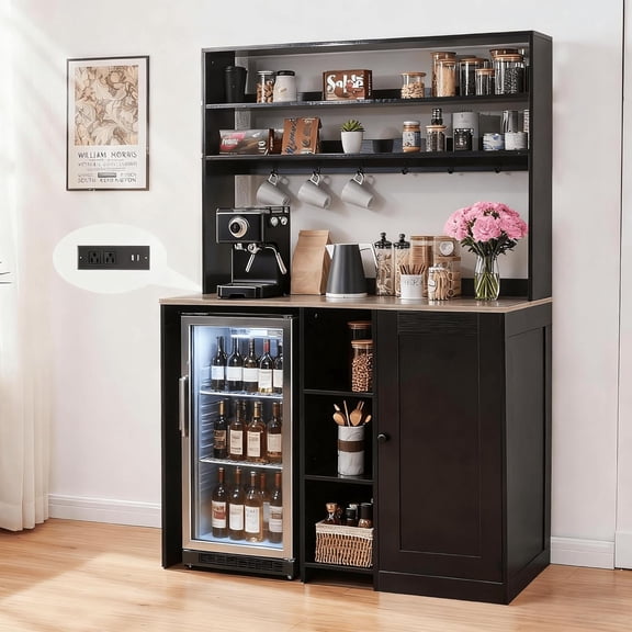 Mini Fridge Cabinet with Storage, Coffee Bar Cabinet with Mini Fridge Space and Power Outlet, Liquor Wine Bar Cabinet with Microwave Shelf, Beverage Station for Kitchen, Dorm, Living Room