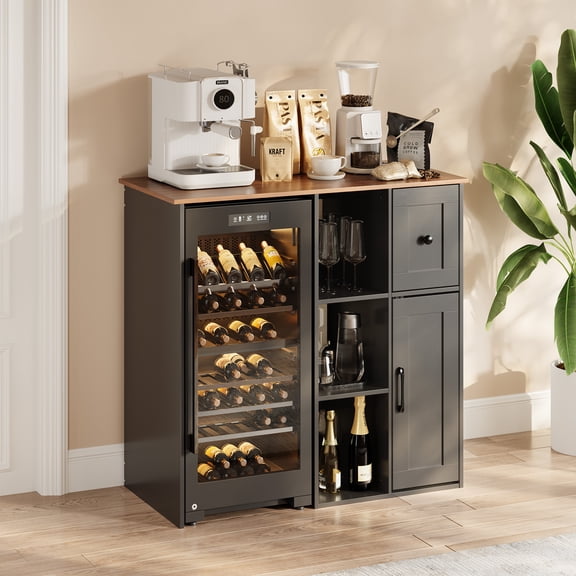 Mini Fridge Cabinet with Storage, Coffee Bar Cabinet with Power Outlet, Fits 24" Wine Fridge, 3-Tier Organizer, Refrigerator Stand for Kitchen, Living Room, or Home Bar