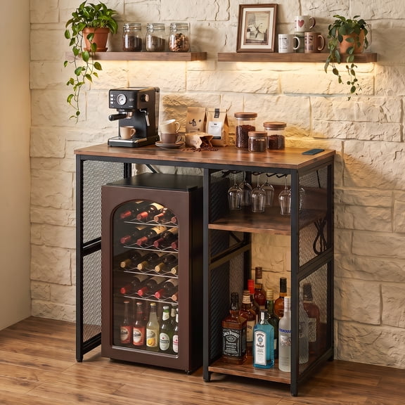 Mini Fridge Cabinet with Power Outlet, Rustic Brown Coffee Bar Cabinet, Industrial Liquor Storage with Glass Holder for Dorm, Living Room