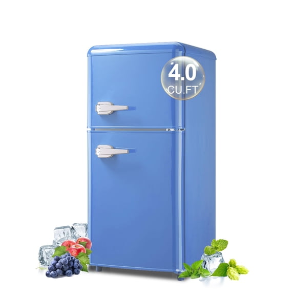 Mini Fridge with Freezer 4.0 Cu. Ft, Retro Small Refrigerator with 7 Level Adjustable Thermostat, Compact Classic Dual Door Fridge Removable Glass Shelves for Apartments, Dorm, Office, Blue