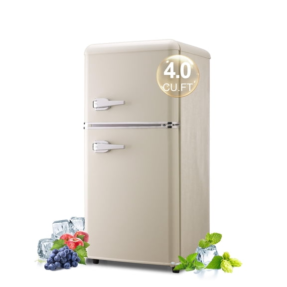 Mini Fridge with Freezer 4.0 Cu. Ft, Retro Small Refrigerator with 7 Level Adjustable Thermostat, Compact Classic Dual Door Fridge Removable Glass Shelves for Apartments, Dorm, Office, Cream