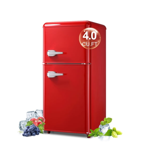 Mini Fridge with Freezer 4.0 Cu. Ft, Retro Small Refrigerator with 7 Level Adjustable Thermostat, Compact Classic Dual Door Fridge Removable Glass Shelves for Apartments, Dorm, Office, Red